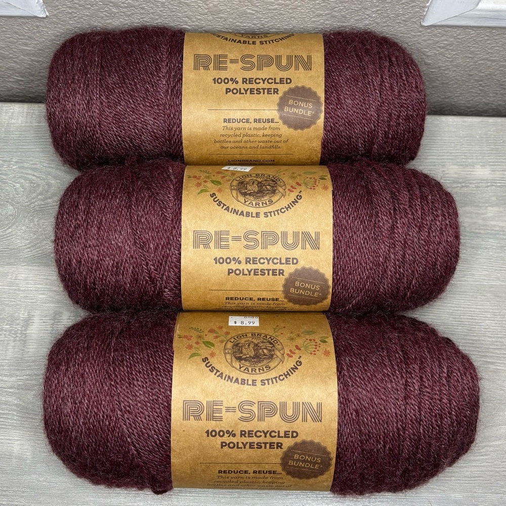 Lion Brand Re-Spun Recycled Polyester Yarn - 3 Skeins in Wine